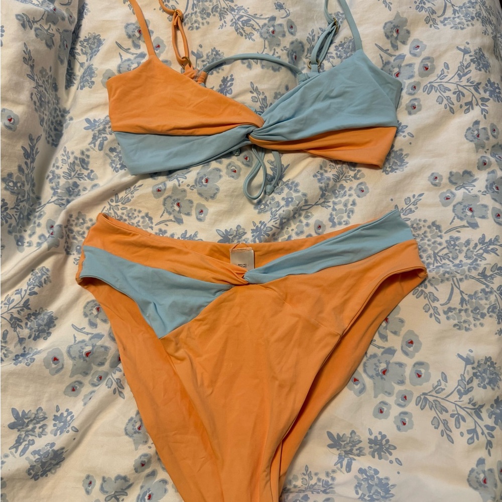 L*Space orange and light blue high waisted bikini Set
